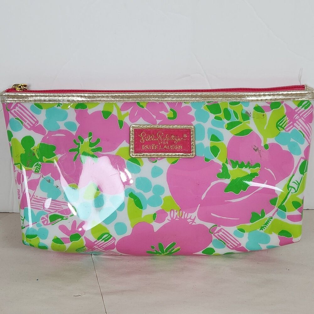 Lilly Pulitzer Makeup Bag Floral Aqua Blue Pink Green Cosmetic Travel Pouch Case